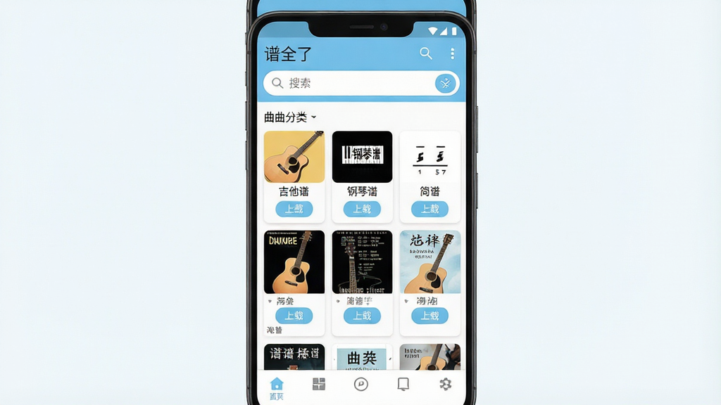 一张手机应用界面展示图,画面中央是一部竖屏安卓手机,屏幕内显示“谱全了”APP的主页界面,顶部有搜索框,中间是曲谱分类卡片,包括吉他谱、钢琴谱、简谱等图标,底部是导航栏,整体布局干净整洁,风格清新简约,配色以白色和浅蓝色为主,细节包括曲谱封面缩略图和下载按钮,画质清晰,无多余元素