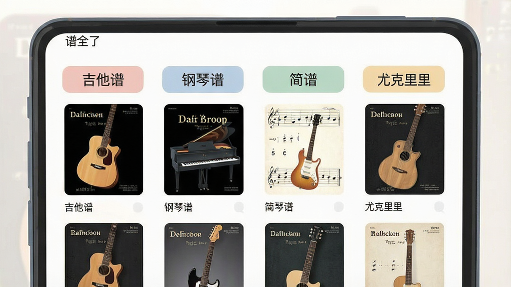 一张展示“谱全了”曲谱分类页面的手机截图风格插画,画面中一部手机屏幕内显示多个曲谱分类标签,如“吉他谱”“钢琴谱”“简谱”“尤克里里”等,每个标签下方有若干曲谱封面缩略图,整体布局为网格状,风格扁平化设计,配色柔和,细节清晰,画质干净,无多余元素