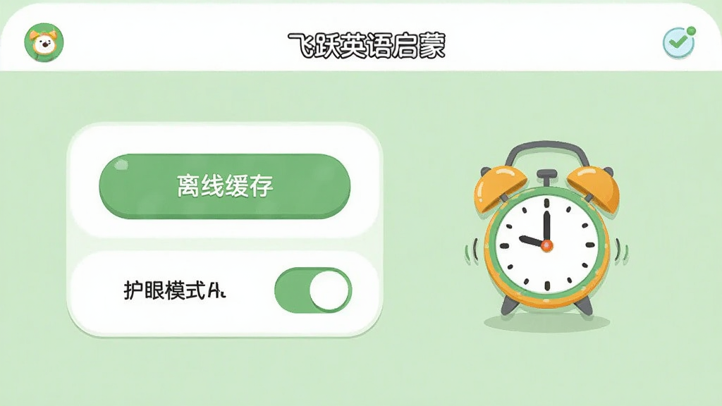 画面展示飞跃英语启蒙软件的设置页面,屏幕上可见离线缓存按钮和护眼模式开关,旁边有一个卡通小闹钟图标,背景为淡绿色,整体采用简约清新的UI设计风格,元素排列整齐,画质清晰,干净无多余元素