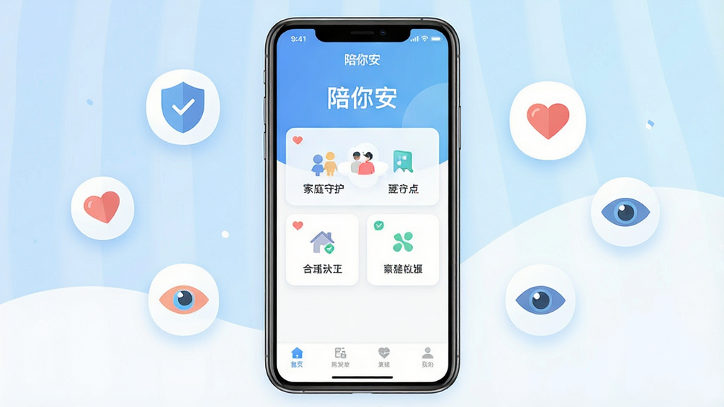 一张展示陪你安软件主界面的手机预览图,画面中央是一部竖屏智能手机,屏幕内显示陪你安APP的首页布局,顶部有软件名称