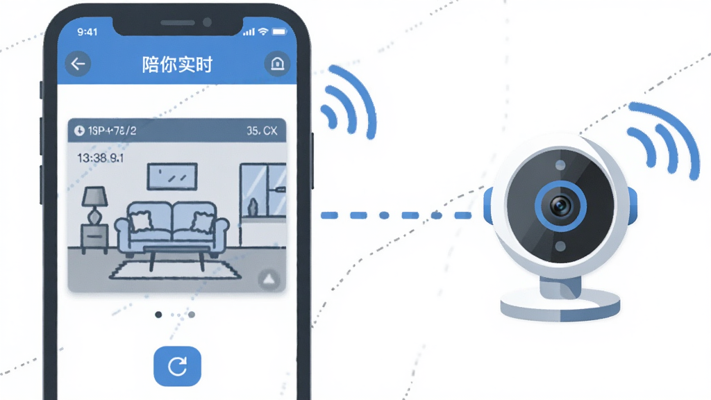 一幅陪你安实时动态查看功能的场景插图,画面左侧是一部手机,屏幕中显示陪你安APP的实时画面窗口,窗口内有客厅场景的简笔轮廓,画面右侧是智能摄像头设备图标与手机之间用虚线连接,表示数据同步,整体布局左右分布,风格为扁平插画,色调以蓝白灰为主,细节包括信号波纹、时间戳、刷新按钮,画质干净,无多余装饰元素