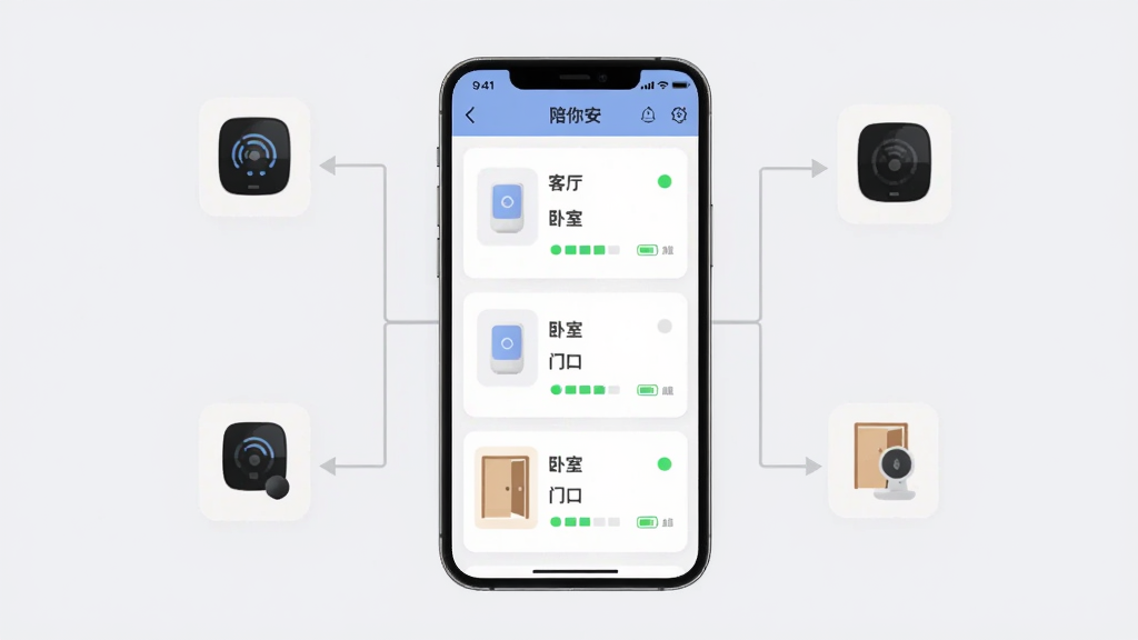陪你安多设备管理界面示意图,画面中央是一部手机,屏幕内显示陪你安APP的设备列表页面,列表中有三张设备卡片,分别标注