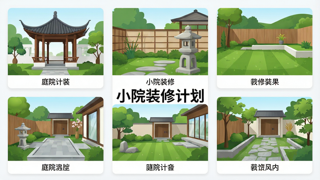 一张展示多种庭院风格模板缩略图排列的图片,主体为九宫格布局的庭院效果图,包含中式凉亭、日式石灯笼、现代草坪等不同场景,布局采用整齐的网格排列,风格为清新明亮的UI界面风格,细节包括每张缩略图下方的风格标签文字,画面中文字为“小院装修计划”,画质为高清矢量渲染,干净无多余元素