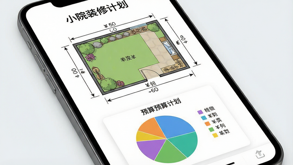 一张展示手机屏幕内庭院尺寸标注与预算表格的图片,主体为手机屏幕特写,屏幕中显示带尺寸线的庭院平面图和下方彩色预算饼状图,布局采用上下分层构图,风格为商务实用工具风格,细节包括标注数字、货币符号、分类色块,画面中文字为“小院装修计划”,画质为高清UI渲染,干净无多余元素