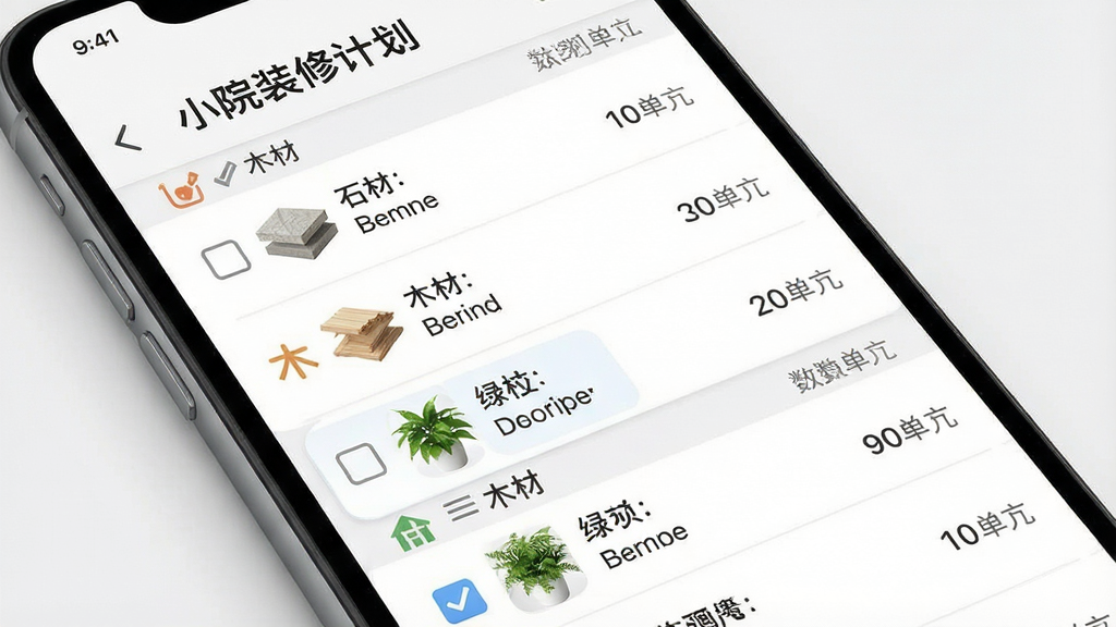 一张展示材料清单列表界面的图片,主体为手机屏幕内滚动的材料列表,包含石材、木材、绿植等条目和数量单位,布局采用纵向列表构图,风格为简洁清单样式,细节包括复选框、分类图标、数量数字,画面中文字为“小院装修计划”,画质为高清UI渲染,干净无多余元素
