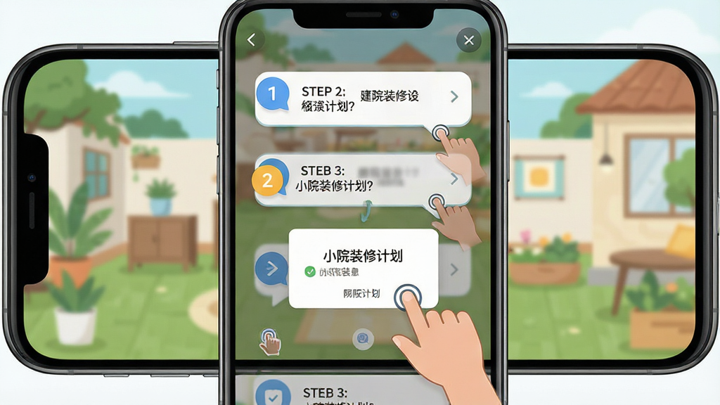 一张展示手机屏幕内庭院设计软件新手引导界面的图片,主体为手机屏幕特写,屏幕中显示分步操作提示气泡和手指点击图标,布局采用居中构图,风格为扁平化插画风格,细节包括步骤数字、箭头指示、权限弹窗示意,画面中文字为“小院装修计划”,画质为高清UI渲染,干净无多余元素