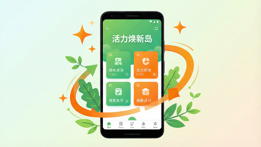 画面中央展示一部安卓手机,手机屏幕亮起,显示“活力焕新岛”应用主界面,界面以清新绿色和活力橙色为主色调,布局包含底部导航栏和卡片式功能入口。手机周围环绕着抽象的焕新元素,如闪烁的星星、旋转的箭头、嫩绿的枝叶。背景为柔和的渐变浅色,整体风格清新明快,扁平化设计,细节精致,画质清晰干净,无多余元素。