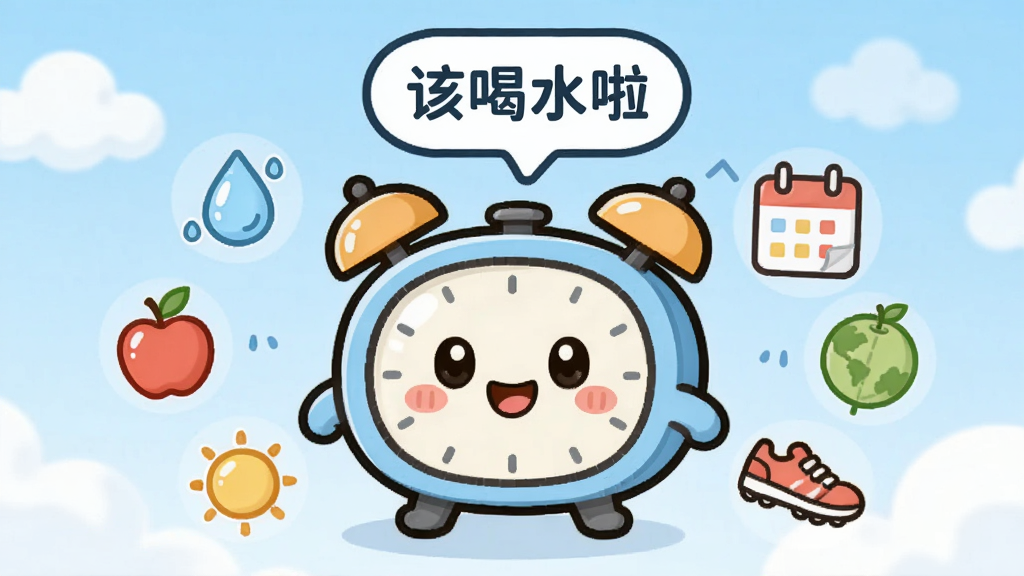 画面中央是一个卡通风格的智能闹钟形象,闹钟周围环绕着水滴、苹果、日历、跑步鞋等小图标,代表不同的提醒类型。闹钟上方有一个对话气泡,写着“该喝水啦”。背景为淡蓝色渐变,点缀着轻柔的云朵。整体风格可爱亲切,线条简洁,画质清晰,无多余元素。