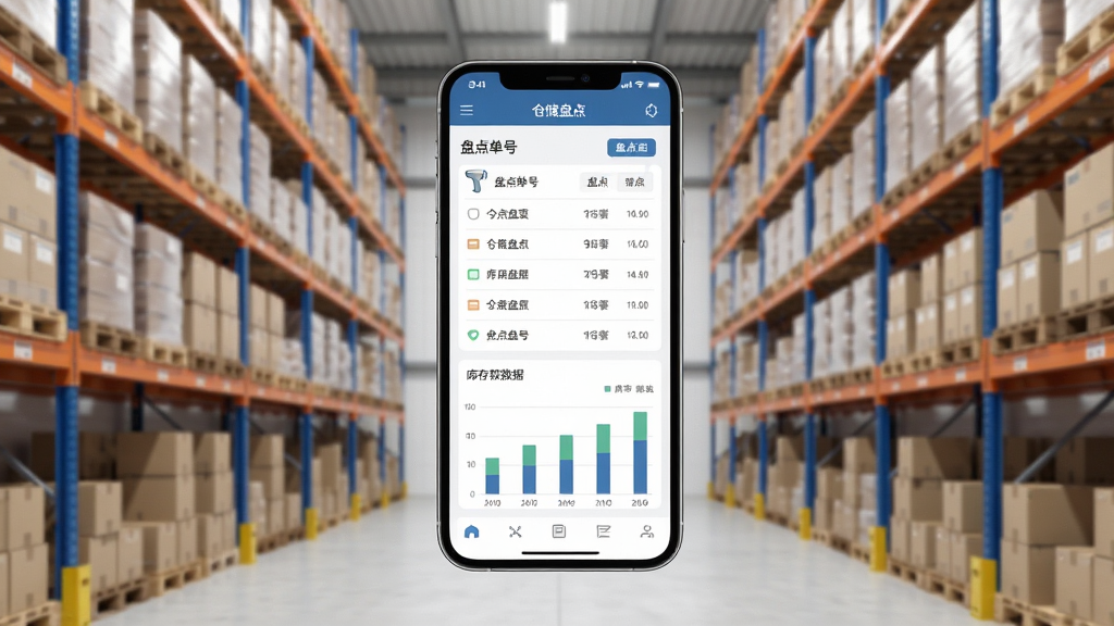 仓储盘点平台软件主界面展示,画面中央是一部智能手机,屏幕显示仓库盘点列表和库存数据图表,背景是整洁的现代化仓库货架,主体清晰,布局居中,排版简洁,风格为写实商务科技风,细节包括扫描枪图标和盘点单号,画质高清,干净,无多余元素
