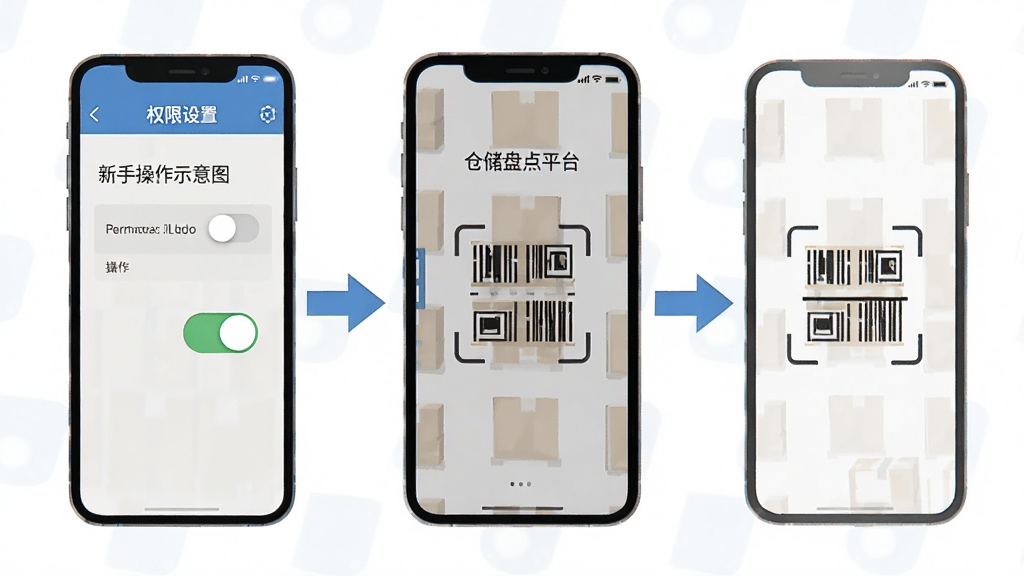 仓储盘点平台新手操作示意图,手机屏幕显示权限设置页面和扫码界面,旁边有箭头标注操作步骤,主体为手机界面,布局纵向排列,排版清晰明了,风格为扁平化教程风,细节包括权限开关图标和扫码框,画质高清,干净,无多余元素