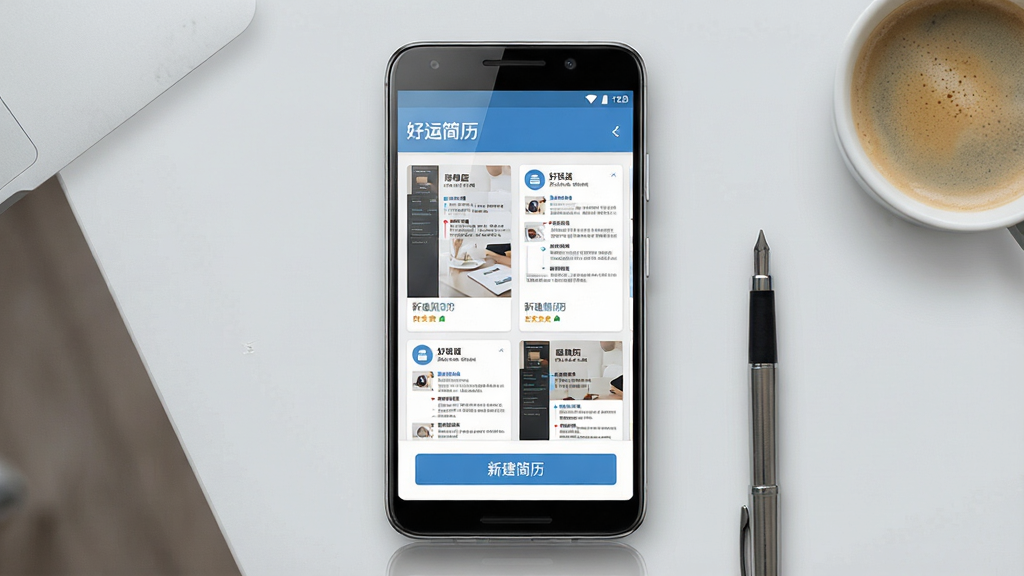 一张手机屏幕展示“好运简历”应用主界面的产品预览图,画面中央是一部竖屏安卓手机,屏幕上显示简历模板选择页面,包含多张简历缩略图和“新建简历”按钮,手机放置在浅灰色桌面上,旁边有一支笔和一杯咖啡,整体布局简洁,排版居中,风格为现代扁平化UI展示,细节包括手机边框反光、屏幕内文字清晰可辨,画质高清,干净,无多余元素