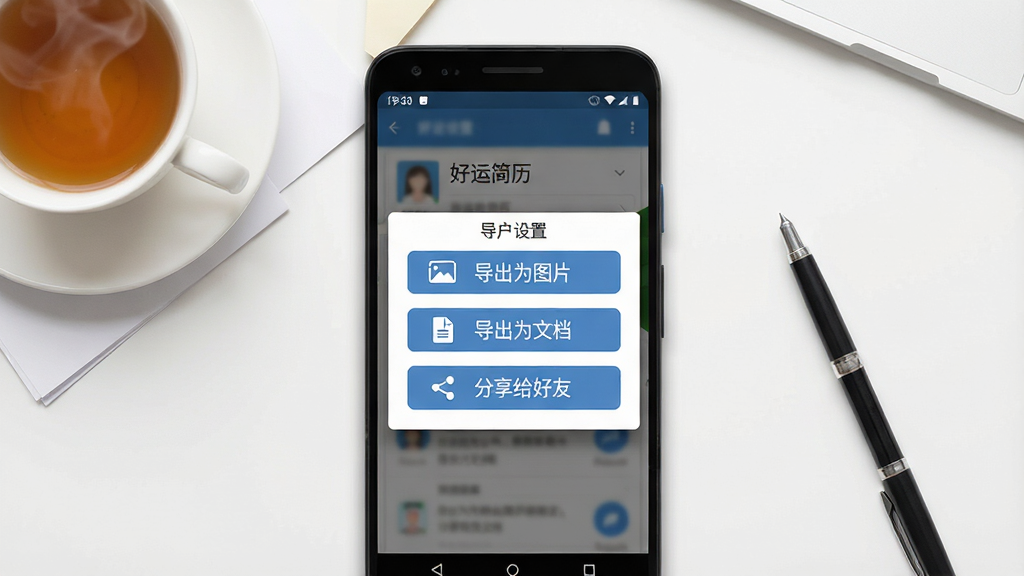 一张展示“好运简历”应用内导出分享界面的产品示意图,画面中一部安卓手机显示导出设置弹窗,包含“导出为图片”“导出为文档”“分享给好友”等选项按钮,手机放置在一张白色办公桌上,旁边有一杯热茶和一支签字笔,布局为正面俯视,排版突出导出功能按钮,风格为简洁办公场景产品展示,细节包括屏幕内按钮图标清晰、弹窗阴影自然,画质高清,干净,无多余元素