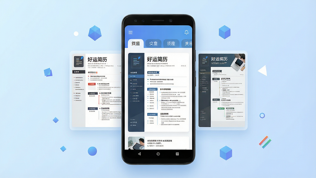 一张展示“好运简历”应用内模板库界面的产品预览图,画面中央是一部安卓手机,屏幕上排列着多张不同风格的简历模板缩略图,顶部有分类标签栏,手机悬浮在浅蓝色渐变背景上方,周围有少量几何图形点缀,布局为居中展示,排版突出模板多样性,风格为清爽科技感UI展示,细节包括缩略图内容可辨、图标线条细腻,画质高清,干净,无多余元素