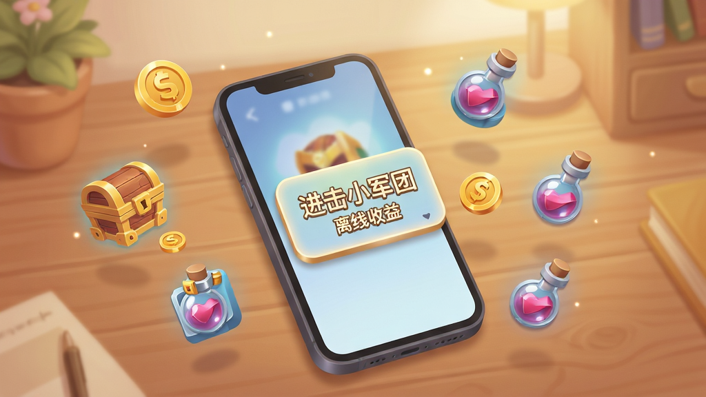 画面描绘玩家手机放在桌上,屏幕显示离线收益结算弹窗,周围有金币、宝箱、经验药水等图标漂浮,背景为温馨室内桌面场景,布局以手机为中心,四周元素环绕,风格为生活化插画,细节包含木纹桌面、柔光、图标立体感,画质柔和干净,无多余装饰,图片中文字标注“进击小军团 离线收益”,主体清晰,排版均衡,风格统一。