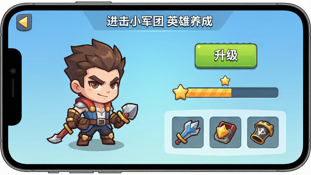 画面展示手机屏幕内游戏英雄养成界面,左侧是Q版英雄立绘,右侧有升级按钮、星级进度条和装备栏,背景为浅蓝色渐变,布局清晰分为角色展示区与操作区,风格为扁平化游戏UI,细节包含按钮高光、进度条纹理、装备图标,画质干净整洁,无杂乱元素,图片中文字标注“进击小军团 英雄养成”,主体明确,排版规整,风格统一。