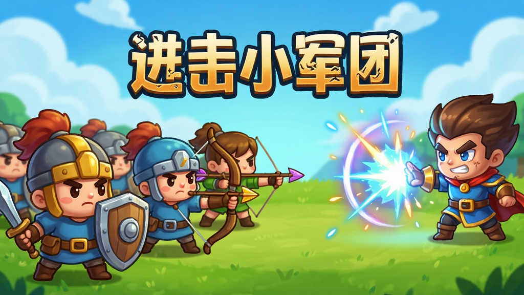 画面中央是Q版卡通风格的小军团方阵,前方有手持盾牌的士兵和远程弓箭手,背景是绿色草地与蓝天白云,右侧有英雄角色释放技能特效,整体色彩明亮鲜快,布局采用横向对战视角,风格为休闲手游宣传图,细节包含士兵表情、武器光泽、技能光圈,画质清晰干净,无多余元素,图片中文字标注“进击小军团”,主体突出,排版居中,风格统一。