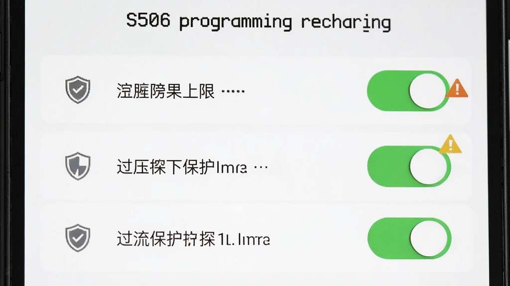 一部手机屏幕显示“S506 programming recharging”的安全防护设置页面,页面中有温度上限、过压保护、过流保护三个开关选项,开关呈绿色开启状态;布局为手机竖屏居中,背景为白色简洁风格;风格为扁平化图标设计;细节上开关旁边有盾牌图标与警示三角符号;画质清晰,干净,无多余元素。