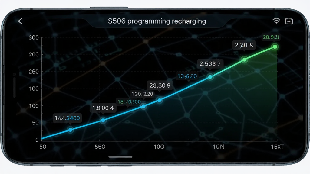 手机屏幕横向显示“S506 programming recharging”的充电曲线监控界面,曲线呈平滑上升趋势,坐标轴标注电压与时间;布局为手机横屏居中,背景为深色科技网格;风格为数据可视化仪表盘;细节上曲线带有发光节点,旁边有实时数值浮动标签;画质清晰,干净,无多余元素。
