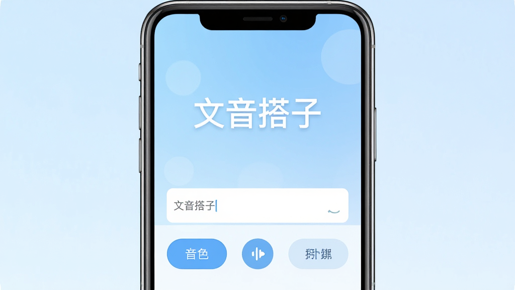 一张展示文音搭子软件界面的手机样机图,画面中央是手机屏幕,屏幕内呈现文字转语音操作界面,上方有软件名称