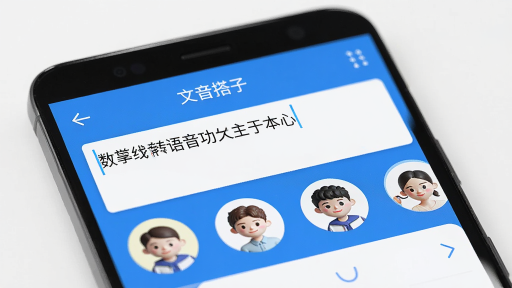 一部安卓手机屏幕特写,屏幕显示文音搭子文字转语音功能页面,输入框中有一段中文文字,下方排列多个音色头像图标,页面顶部有