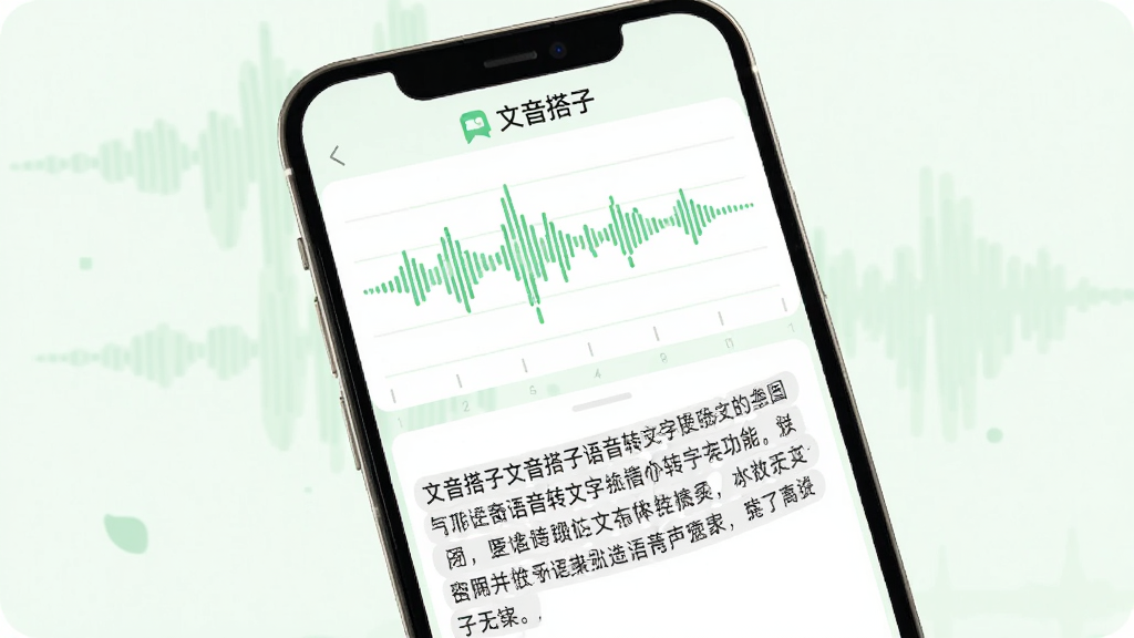 手机界面展示文音搭子语音转文字功能,屏幕上半部分显示声波波形图,下半部分显示转换后的文字段落,界面配色以白色和浅绿色为主,顶部有