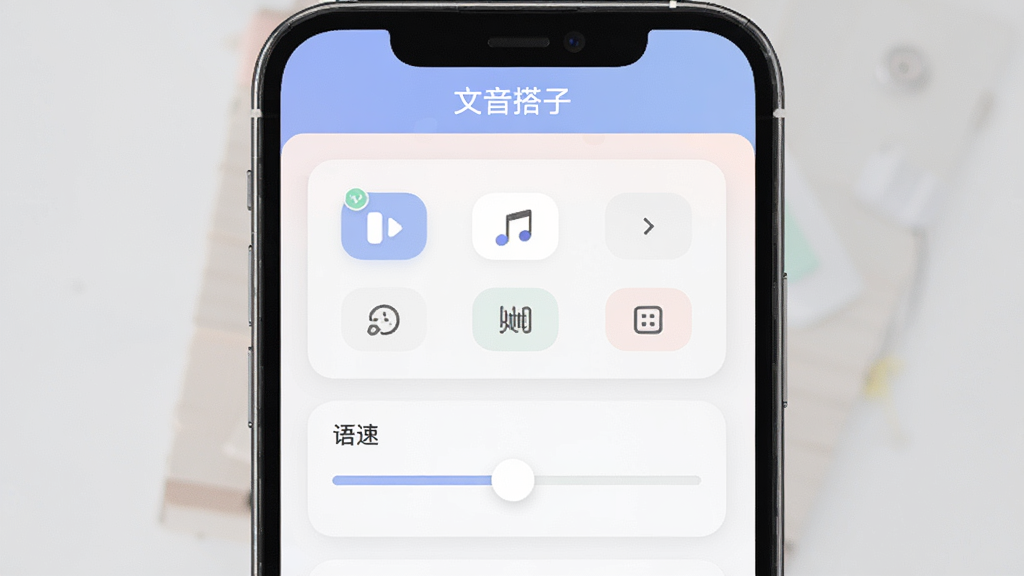 文音搭子软件参数调节面板截图,手机屏幕中央显示音色选择列表和语速调节滑块,界面采用圆角卡片设计,配色柔和,顶部标题栏显示