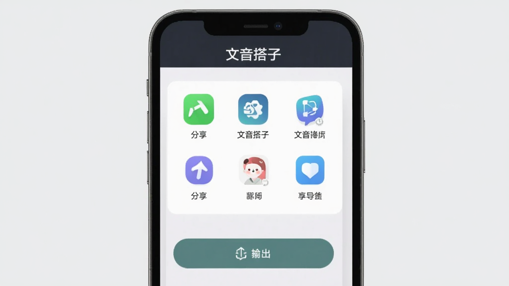 手机屏幕展示文音搭子分享导出界面,屏幕上有多个分享渠道图标和导出按钮,顶部有
