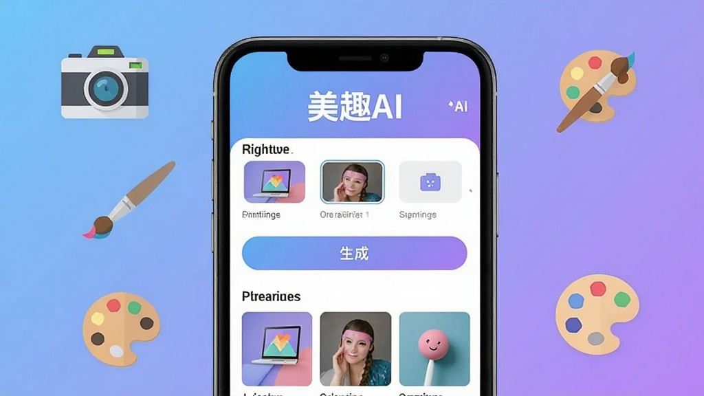 美趣AI软件主界面展示,画面中央是手机屏幕,屏幕内呈现美趣AI应用首页,顶部有