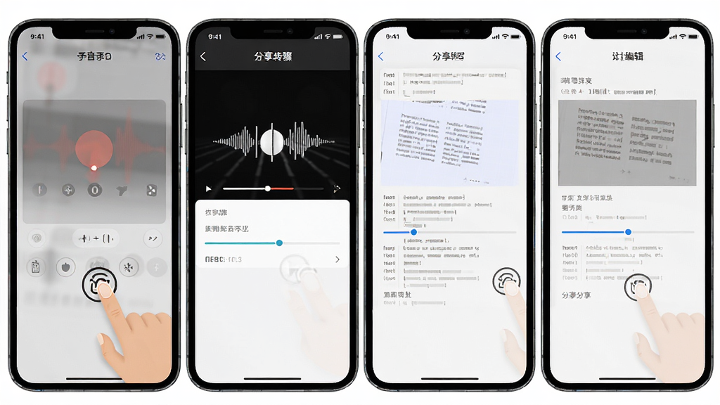 闪记转文字操作步骤示意图,主体为手机界面分步展示录音、转写、编辑、分享四个画面,布局横向排列,排版清晰,风格写实扁平,细节包含手指点击图标和进度条,画质高清,干净,无多余元素