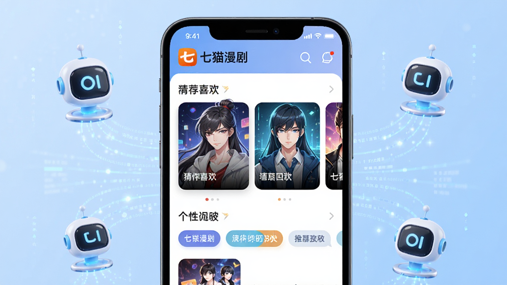 七猫漫剧智能推荐功能界面,画面展示手机屏幕内七猫漫剧的推荐页面,页面中有猜你喜欢板块和个性化标签,屏幕周围有AI机器人图标和数据流线条,背景为科技感浅蓝色,风格现代智能,细节丰富,画质高清,干净无多余元素