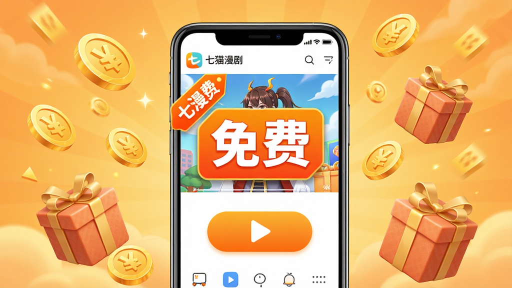 七猫漫剧免费观看功能展示,画面中央是一部手机,手机屏幕上显示七猫漫剧播放界面,画面中有一个醒目的免费标签和播放按钮,手机周围环绕着金币和礼盒图标,背景为暖色调,风格活泼,细节清晰,画质高清,干净无多余元素