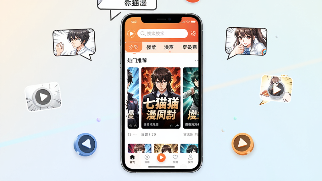 七猫漫剧应用主界面全貌展示,画面中央是手机屏幕,屏幕内显示七猫漫剧APP首页,顶部有搜索栏和分类标签,中部是热门漫剧推荐海报轮播,底部是导航栏,背景为浅色渐变,周围散落漫画气泡和播放按钮图标,整体布局清晰,风格现代简约,细节丰富,画质高清,干净无多余元素
