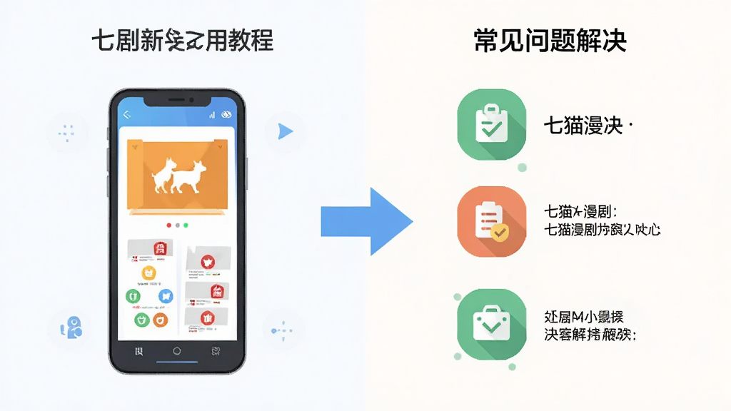 七猫漫剧新手使用教程示意图,画面分为左右两部分,左侧为手机端安装步骤图标,右侧为常见问题解决图标,中间用箭头连接,整体布局清晰,风格扁平化,细节简洁,画质高清,干净无多余元素