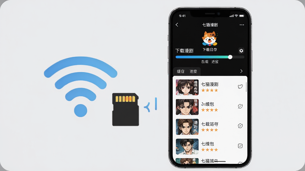 七猫漫剧离线缓存功能展示,画面中一部手机正在下载漫剧剧集,屏幕上显示下载进度条和缓存列表,手机旁边有WiFi信号图标和存储卡图标,背景为简洁的浅灰色,风格实用清爽,细节清晰,画质高清,干净无多余元素