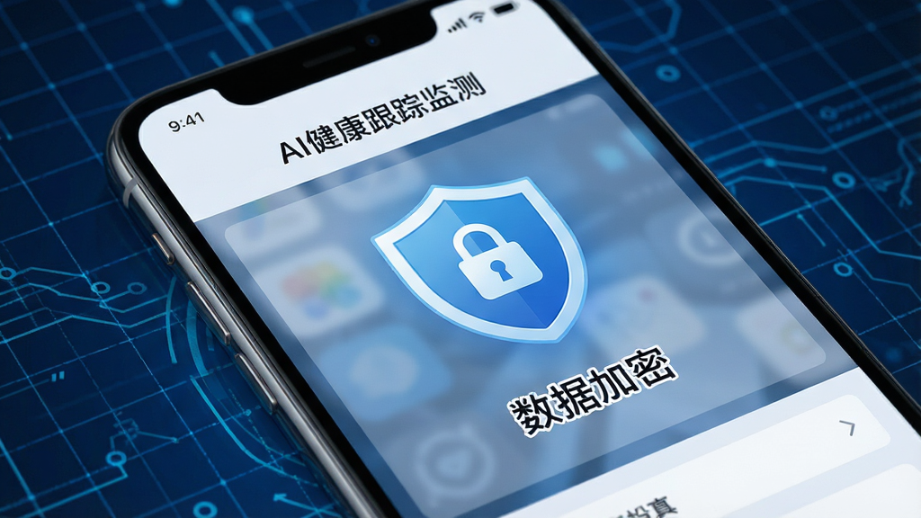 生图提示词:画面中央是一部智能手机,屏幕显示“AI健康跟踪监测”的隐私保护设置页面,有一个醒目的盾牌图标和“数据加密”字样,背景是深蓝色科技网格,构图突出安全概念,风格严谨专业,画质高清,干净简洁