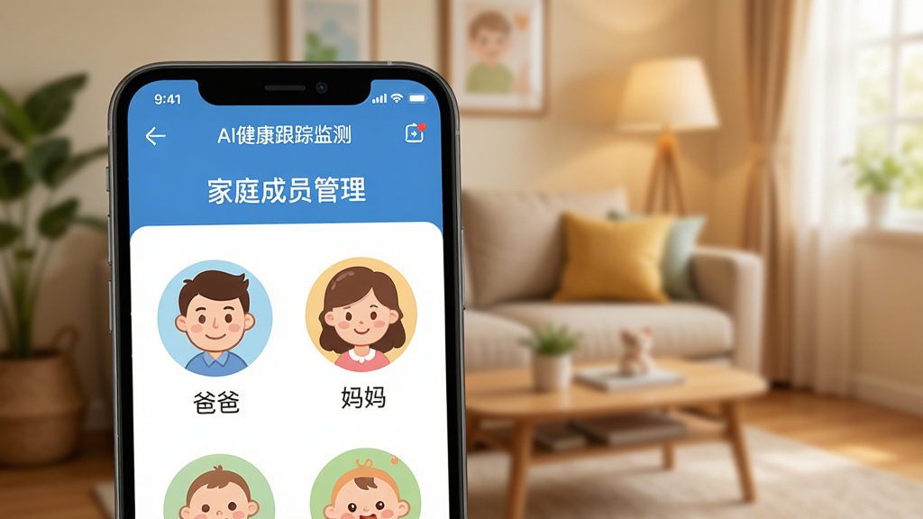 生图提示词:画面展示“AI健康跟踪监测”软件的家庭成员管理界面,手机屏幕上有多个卡通头像并排排列,每个头像下方标注着“爸爸”、“妈妈”、“宝宝”等字样,背景是温馨的家庭客厅虚化场景,风格亲切温暖,画质清晰,无杂乱元素