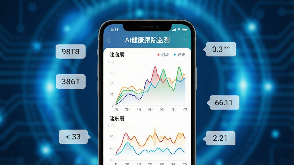 一张展示“AI健康跟踪监测”软件数据分析功能的画面,画面中有一部手机,屏幕显示多条彩色折线图代表不同健康指标,旁边漂浮着简洁的数字标签,背景是虚化的科技感蓝色光晕,构图以手机为视觉中心,风格现代科技,画质清晰干净