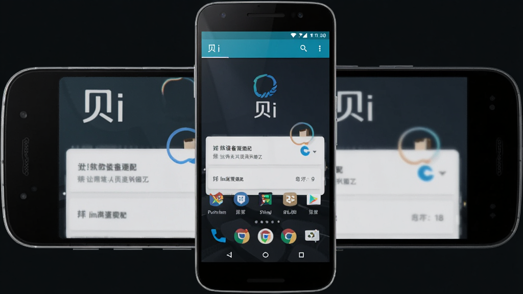 一张展示贝i软件多设备适配的示意图,主体为三部不同尺寸的安卓手机并排展示同一应用界面,布局采用横向排列手机之间有轻微重叠,排版错落有致,风格为科技产品展示风,细节包括深色背景、手机屏幕发光、界面内容一致、贝i标识清晰,画质高清干净无多余元素