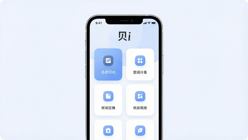 一张手机屏幕展示贝i软件主界面的场景图,主体为居中放置的智能手机,屏幕内显示简洁的卡片式功能布局与顶部贝i标识,布局采用上下结构上方为状态栏下方为功能入口,排版整齐留白适中,风格为现代扁平化科技风,细节包括柔和的蓝白配色、圆角图标、浅色背景,画质高清干净无多余元素