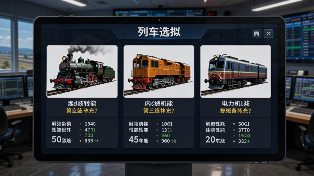 铁路司机:模拟 列车选择界面,屏幕上排列着蒸汽机车、内燃机车和电力机车三种车型的缩略图,下方显示解锁条件和性能参数,背景是铁路调度中心的风格,界面整洁,文字清晰