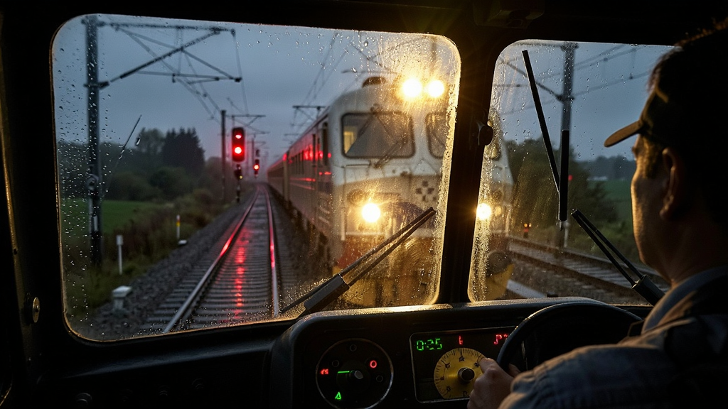 铁路司机:模拟 雨夜行车场景,火车头大灯照亮前方湿漉漉的铁轨,雨滴打在挡风玻璃上,远处信号灯发出微弱的红光,画面氛围感强,细节丰富,画质清晰干净