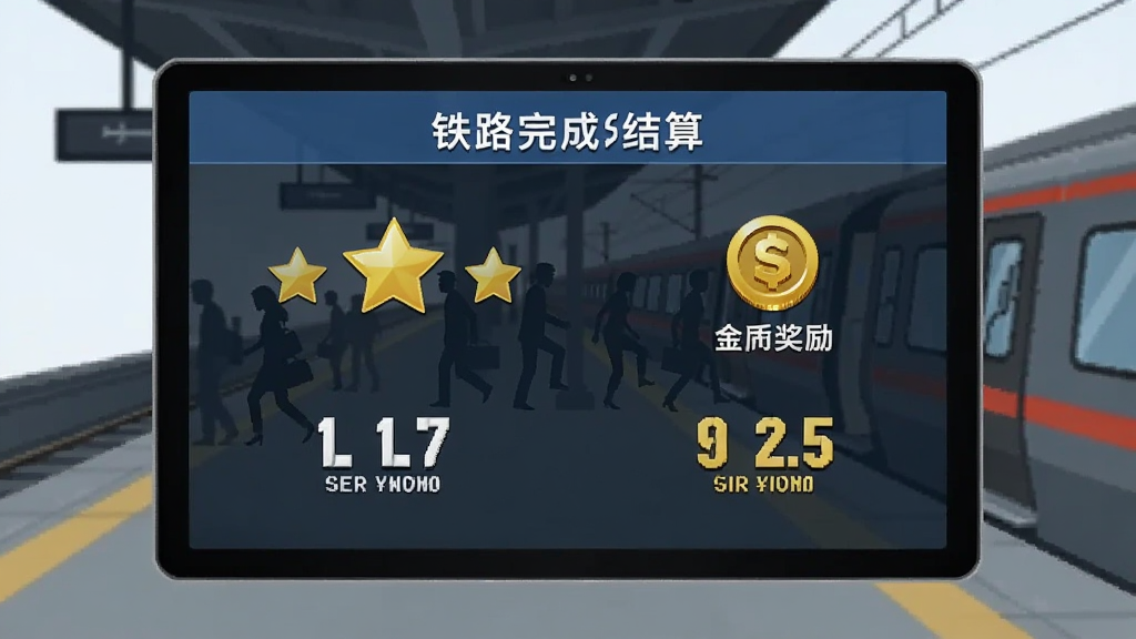 铁路司机:模拟 任务完成结算界面,屏幕上显示三星评价和金币奖励,背景是火车站台,有乘客上下车的剪影,界面设计简洁明了,数字清晰可见