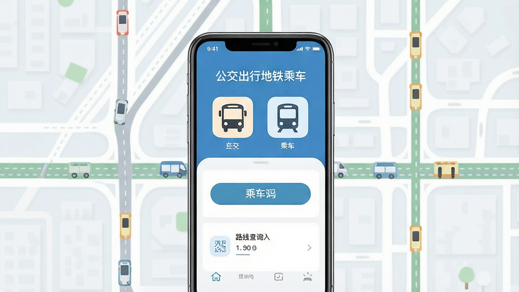 一张展示手机屏幕的图片,画面中央是一部现代智能手机,手机屏幕上显示着“公交出行地铁乘车”应用的主界面,界面中有公交和地铁的图标、乘车码按钮以及路线查询入口,背景是干净的城市交通路网线条,整体风格清爽简约,采用扁平化设计,画质清晰,干净无多余元素