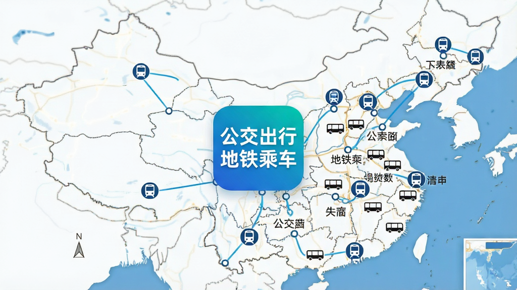 一张以中国城市地图为背景的图片,地图上标注了多个城市节点,每个节点连接着公交与地铁的图标,画面中央是“公交出行地铁乘车”应用图标,整体布局开阔,风格商务简洁,细节上城市名称清晰,画质干净,无多余元素