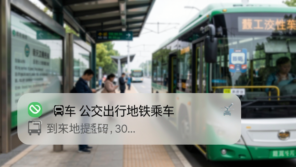 一张展示手机通知栏的图片,通知栏中显示“公交出行地铁乘车”的到站提醒消息,背景是公交站台与进站公交车的虚化场景,整体布局简洁,风格生活化,细节上文字清晰,画质干净,无多余元素