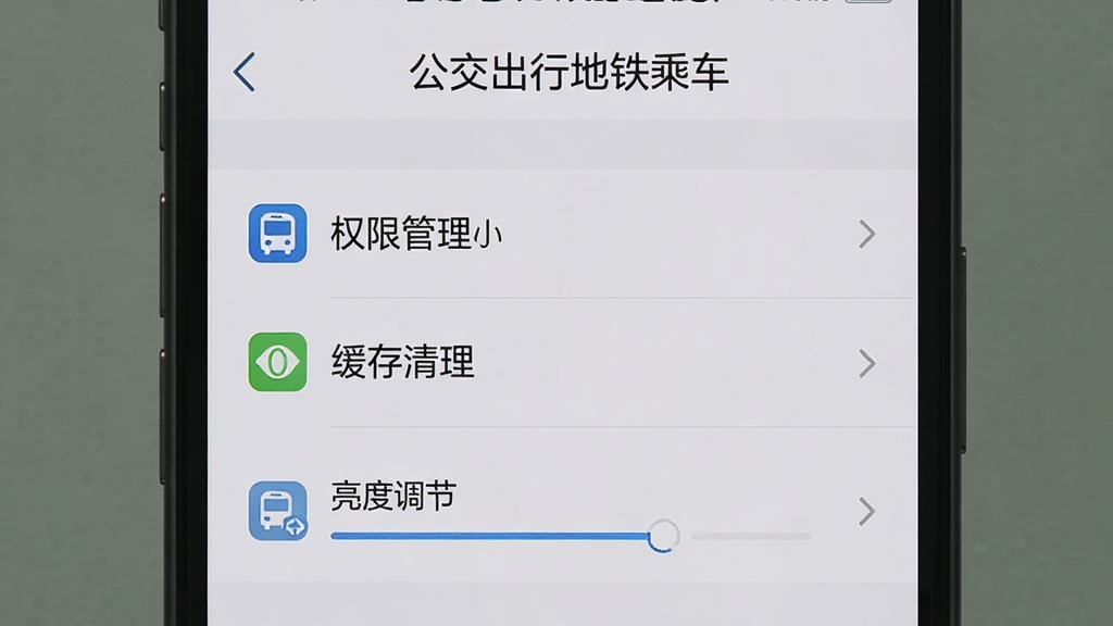 一张手机屏幕截图风格的图片,画面中显示“公交出行地铁乘车”应用的设置页面,页面上有权限管理、缓存清理、亮度调节等选项,背景为浅灰色,整体布局清晰,风格素雅极简,细节上图标与文字排列整齐,画质干净,无多余元素