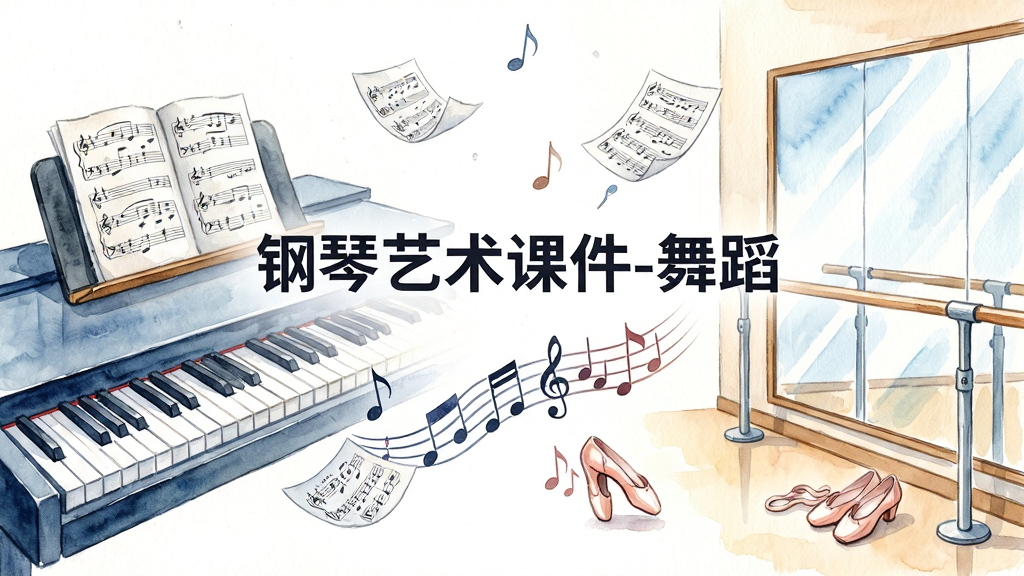 钢琴艺术课件-舞蹈功能界面展示,画面分为左右两个区域,左侧为钢琴键盘与乐谱架,右侧为舞蹈把杆与镜面墙,中间用一条音符与舞步交织的曲线连接,布局清晰层次分明,风格为清新水彩插画,细节包含飘落的乐谱页与舞鞋,画面中央用深色字体标注“钢琴艺术课件-舞蹈”,画质细腻干净无多余元素