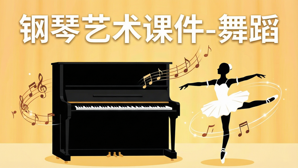 钢琴艺术课件-舞蹈软件主界面展示,画面中央放置一台黑色立式钢琴与一位身穿白色芭蕾舞裙的舞者剪影,背景为柔和的暖黄色渐变,整体布局左右对称,钢琴在左舞者在右,风格为现代扁平化插画,细节包含音符飘散与舞动轨迹线条,顶部用白色大字标注“钢琴艺术课件-舞蹈”,画质清晰干净无多余元素