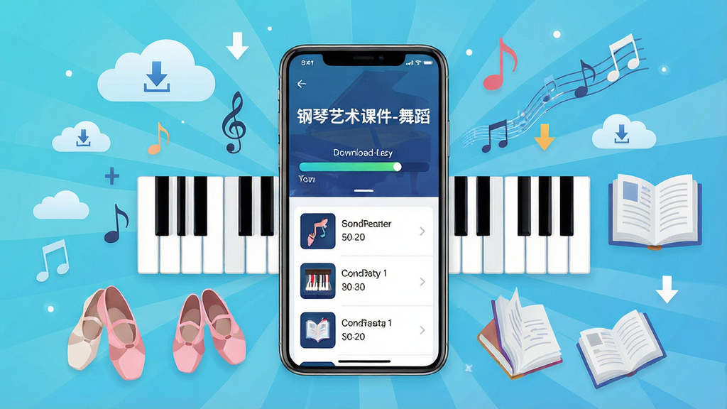 钢琴艺术课件-舞蹈离线缓存功能展示,画面中央一部智能手机屏幕显示下载进度条与已缓存课件列表,手机周围环绕着钢琴键、舞鞋、音符、书本等元素,布局以手机为中心向外发散,风格为现代科技感扁平插画,细节包含云朵与下载箭头图标,手机屏幕内用白色字体标注“钢琴艺术课件-舞蹈”,画质清晰干净无多余元素