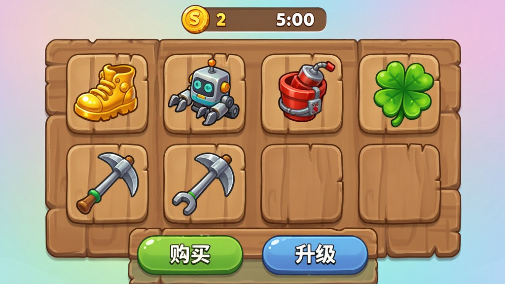 开局一勺子游戏道具商店界面展示图,画面中排列着多种挖掘道具图标,包括金色加速鞋、自动挖掘机器人、红色炸药桶和幸运四叶草,道具以网格状布局陈列在木质面板上,顶部显示金币余额,底部有购买与升级按钮,风格为休闲游戏UI卡通风格,细节包括道具的立体光泽、按钮的圆角设计、背景的柔和渐变,画质清晰,界面干净,无多余杂乱元素